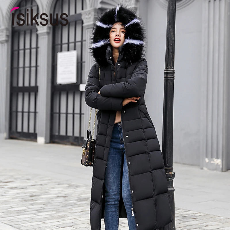 Isiksus Padded Winter 3XL Size Long Quilted Black Hooded Fur Coat Jacket