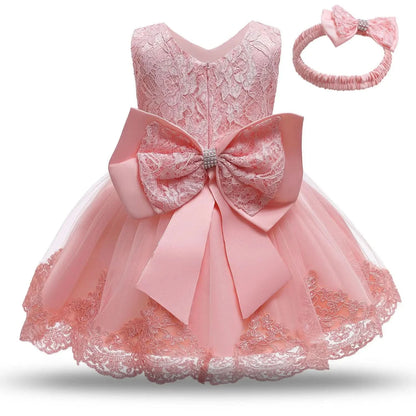 Elegant Girl Dress Fashion Pink Lace Big Bow Party Princess Wedding Dresses