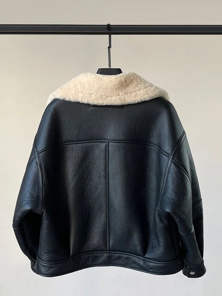 Women Winter Thick Natural Leather Fur Genuine Sheepskin Jacket