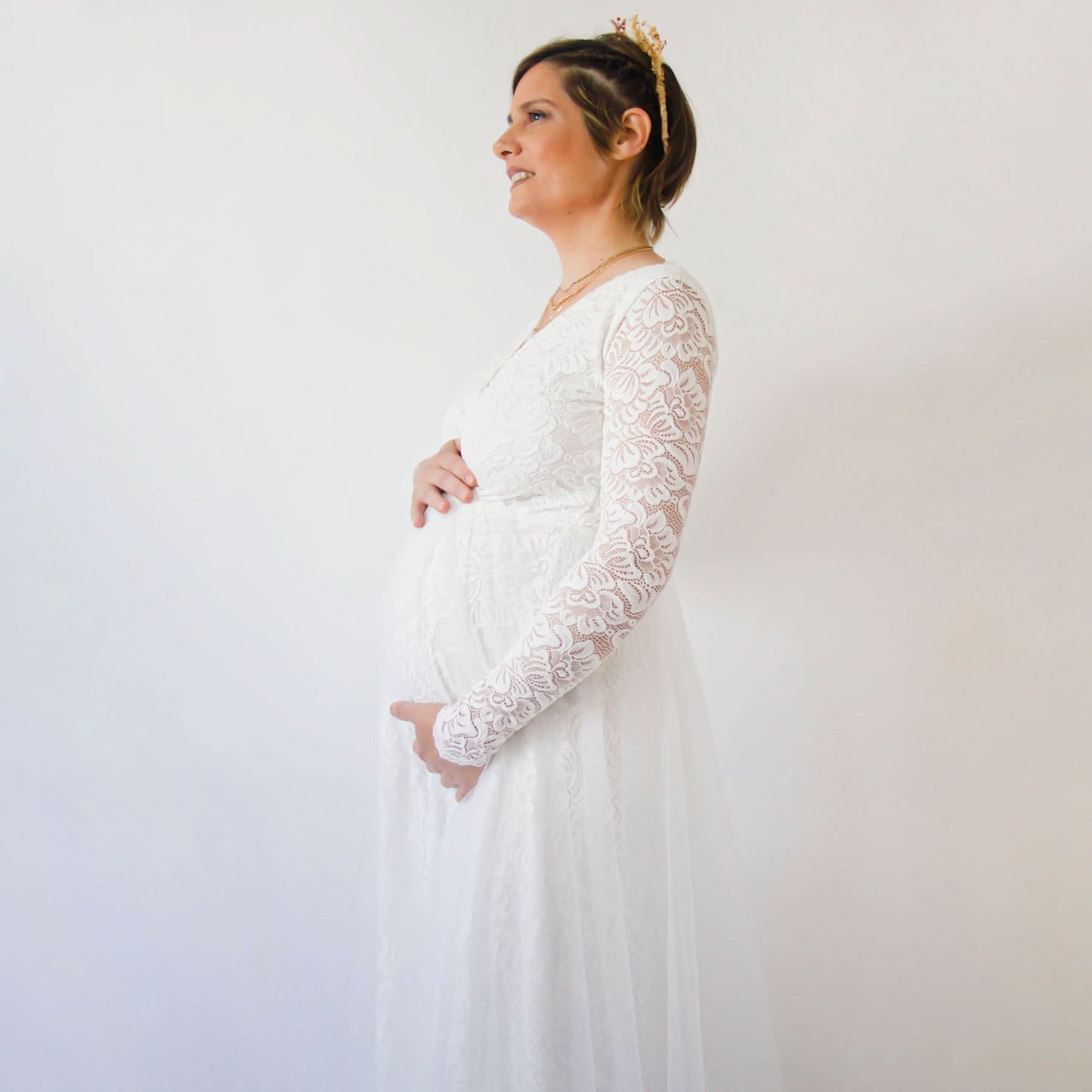 Maternity Ivory Wedding Dress, Sheer Illusion Tulle Skirt on Lace #7006