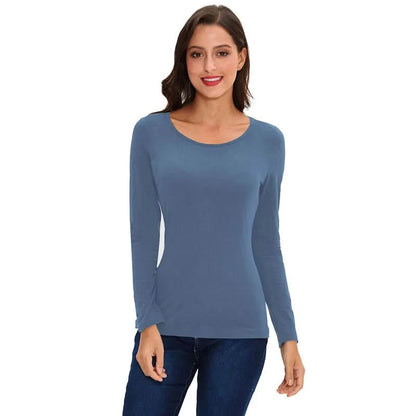 Women Basic Solid Long Sleeve T Shirt Round Crew Neck Plain Cotton Spandex Tops