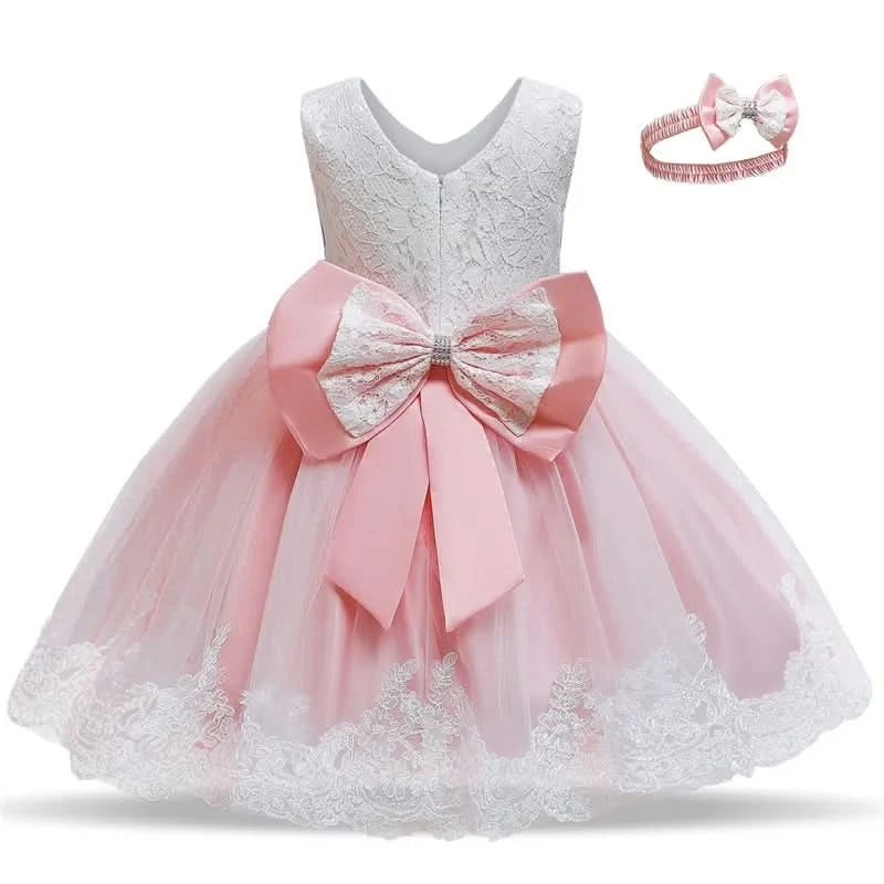 Elegant Girl Dress Fashion Pink Lace Big Bow Party Princess Wedding Dresses