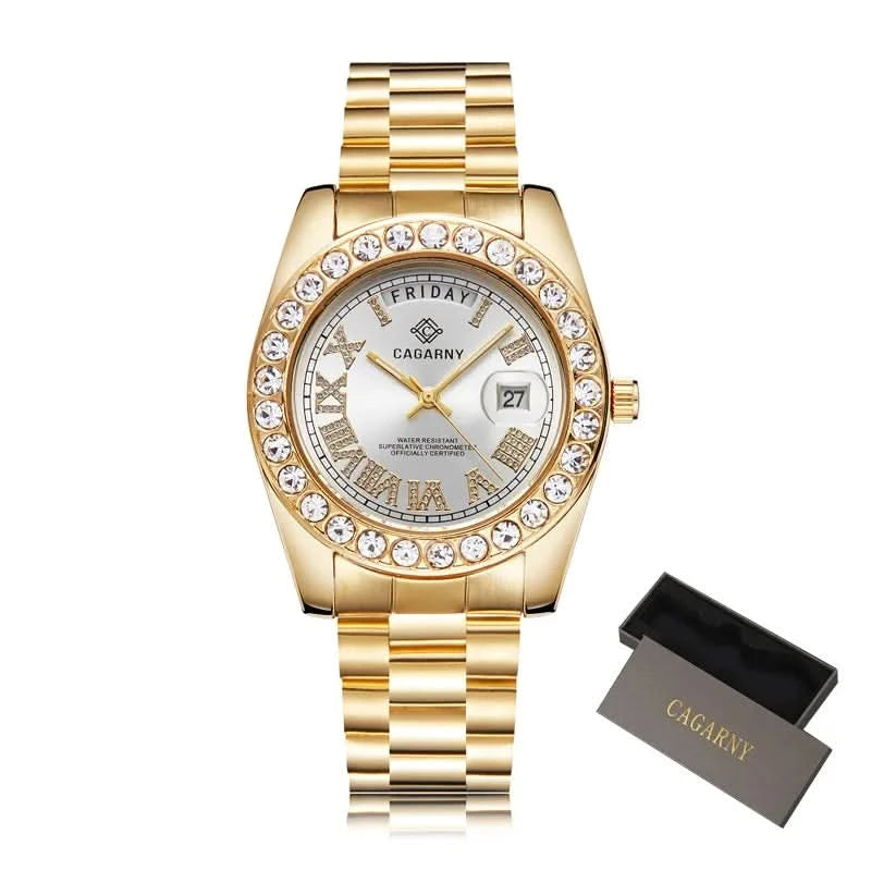 Luxury Crystal Diamond Gold Watch Men Quartz Stainless Steel Men Watches