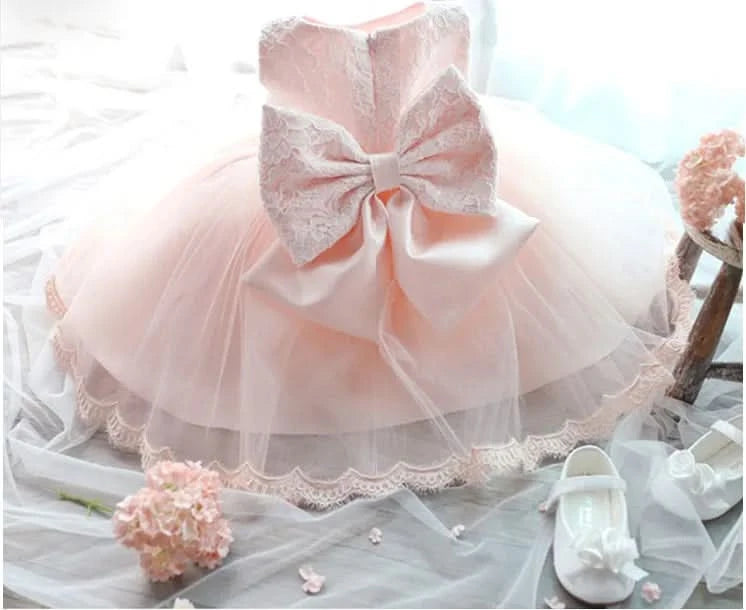 Elegant Girl Dress Fashion Pink Lace Big Bow Party Princess Wedding Dresses